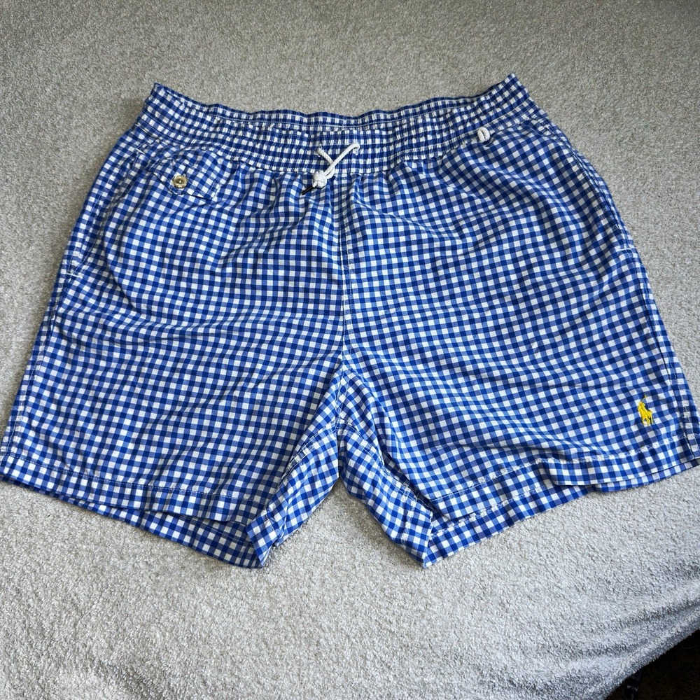 Polo Ralph Lauren Men's XL Gingham Swim Trunks Blue White Mesh Lined Preppy